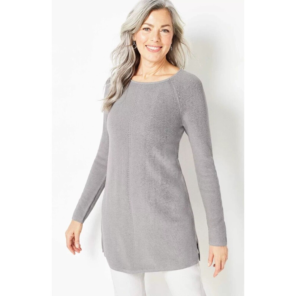 J. Jill Tunic Sweater Womens MP‎ Grey NEW Textured Pointelle Knit Raglan Sleeve
